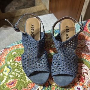 Mudd Denim Blue Lattice Weave Cork Wedge Sandals